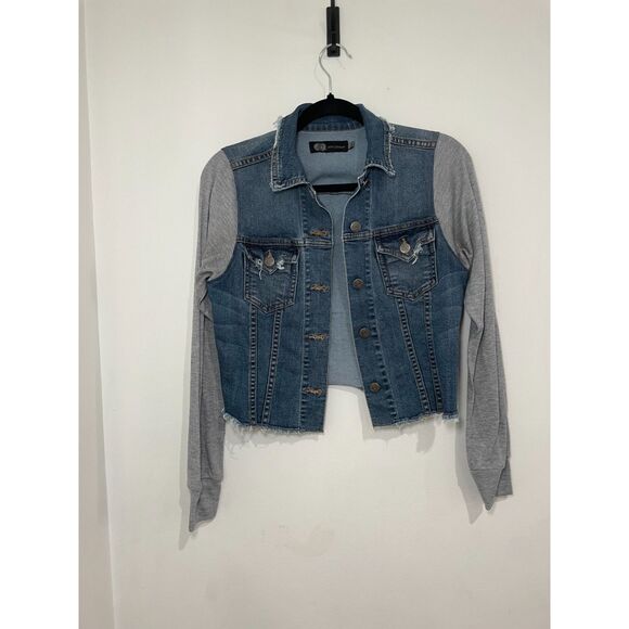 JET John Eshaya Denim Fray Jacket Grey Cotton Sleeves Country Cowboy Y2K‎ Size S - Picture 1 of 6